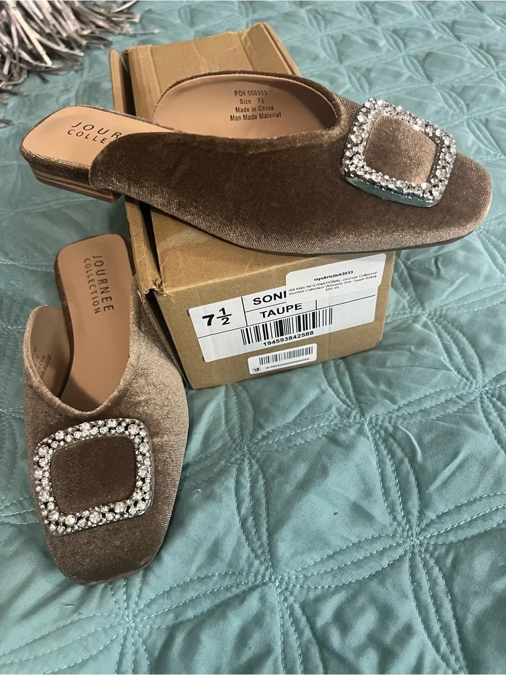Sz 7.5 Journee Collection Sonnia Taupe Crystal-Embellished Velvet Mule Flats $85 - Picture 6 of 8